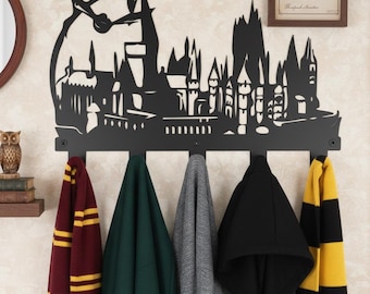 Wizard Castle metalen kapstokrek, vliegende bezem magische school muurhanger, fantasiekasteel hal organisator haak, Wizard World wandrek