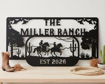 Niestandardowy znak rancza w stylu western, metalowa brama rancza z końmi kowbojskimi, spersonalizowany znak gospodarstwa rodzinnego, wiszący znak rancza z kaktusami w stylu western, tabliczka z nazwą rancza