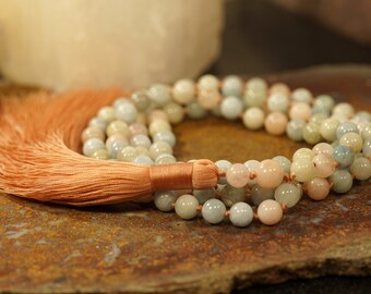 Morganite Mala • Beryl Necklace • Beryl Mala Beads • 8mm • Millennial Pink Tassel • 108+1 • Morganite Necklace • Hand-Knotted Mala • 4565