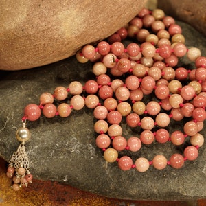 Rhodonite Mala (108 and Guru), Rhodonite Necklace, Rhodonite Bracelet with 9 mm Beads and a Beaded Sterling Silver Tassel 0677