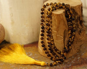 Tiger's Eye Mala • 6mm • Tiger's Eye Necklace • Tiger's Eye Mala with Yellow Tassel • 108+1 • Hand-Knotted Tiger's Eye Mala Beads • 4566