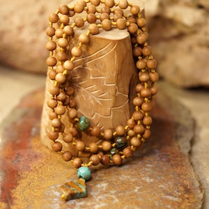 Mysore Sandalwood and Turquoise Mala • Sandalwood Mala • 108+3+1 • Necklace with Turquoise • 6mm • 7mm • 8mm • 10mm • 12mm • 4225