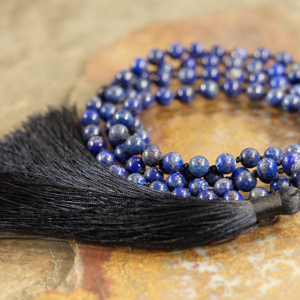 Lapis Lazuli Mala Necklace • A • AA • AAA • Hand-Knotted Mala • 6mm • 8mm • 108+1 • Afghan Lapis Lazuli • Beads for Communication • A4666