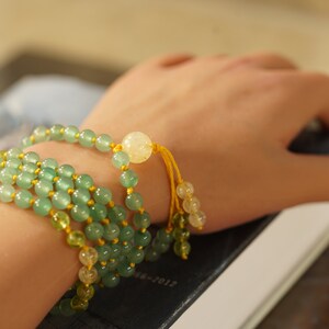 Natural Green Aventurine, Citrine and Peridot Mala, Hand-Knotted Mala with 6-mm Beads and a Beaded Tassel 0883