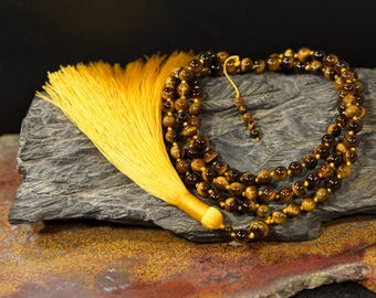 Tiger's Eye Mala • 6mm • Tiger's Eye Necklace • Tiger's Eye Mala with Yellow Tassel • 108+1 • Hand-Knotted Tiger's Eye Mala Beads • 2361X