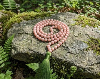 Pink Opal Mala with Green Fern Tassel • Hand-Knotted Beads • 6mm • 72 beads +3 • Guru Beads in crescendo • 5203