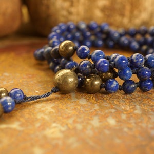 Lapis Lazuli Knotted Mala (108 + 1 + 3) with 3 Pyrite Spacer Beads, 5.5-mm Beads and a Beaded Tassel Tassel 2468