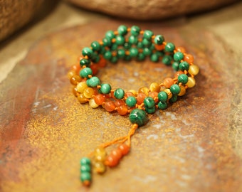 Malachite, Golden Tiger-Eye and Carnelian Mala • 6mm or 8mm • 108+1 • Necklace • Bracelet • Wrap Bracelet • Orange Jewelry • Gift • 4433Z