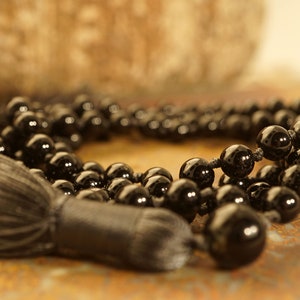Black Tourmaline Mala Necklace (108 and Guru), Black Tourmaline 6mm Beads, Black Tourmaline AAA, Charcoal Black Tassel 2352