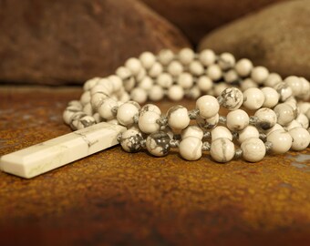 Howlite Mala, Hand Knotted Mala (108 and Guru), Necklace, Bracelet with 6-mm Beads and a Hand-cut Howlite Guru Bead 2305