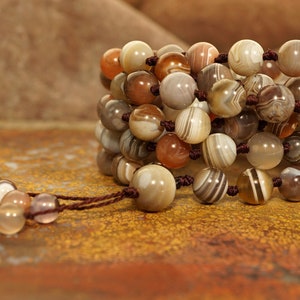 Botswana Agate (108 and Guru) Mala, Prayer Beads, Bracelet, Necklace 8-mm Beads with a Beaded Tassel 1187