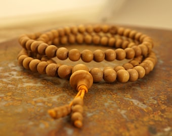 Mysore Sandalwood Mala • Authentic Aromatic Sandalwood Prayer Beads • Sandalwood Mala Beads • 3 Spacers • Sandalwood Bracelet • 6mm • 3273