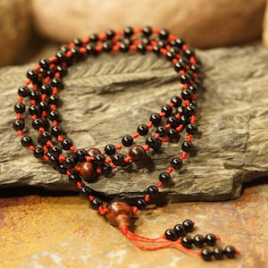 Black Tourmaline Mala Necklace • 108+3+1 • Black Tourmaline (AAA) Red Sandalwood • 27+1 • Black Tourmaline Bracelet • 6-6.5mm • 4290