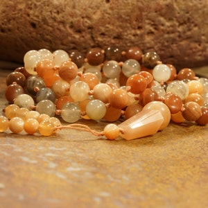 Multi-Color Moostone Mala, Hand Knotted Mala (108 and Guru) with a Beaded Tassel and Hand-cut Peach Moonstone  Guru Bead 0856