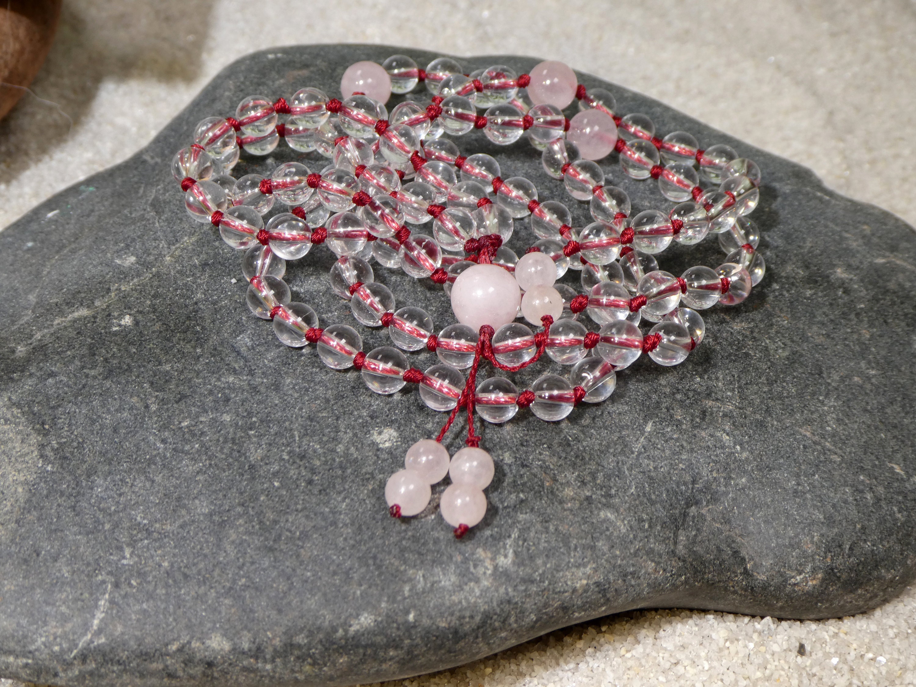 AAA Crystal Sphatik Mala Round Plain Cut 108+1 8-mm Beads with a Pink Tassel 0115 Quartz 