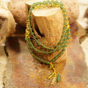 Natural Green Aventurine, Citrine and Peridot Mala, Hand-Knotted Mala with 6-mm Beads and a Beaded Tassel 0883