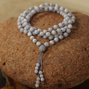 Blue Lace Agate Mala Necklace • Knotted Mala • Blue Lace Agate Necklace • 108+1 • Blue Lace Mala Beads • 5mm • 6mm • 7-8mm • AG2981