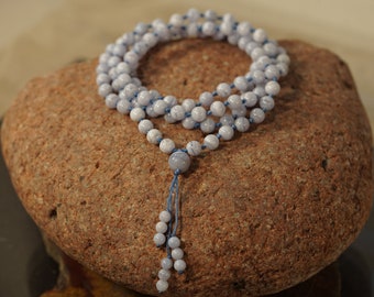 Blue Lace Agate Mala Necklace • Knotted Mala • Blue Lace Agate Necklace • 108+1 • Blue Lace Mala Beads • 5mm • 6mm • 7-8mm • AG2981