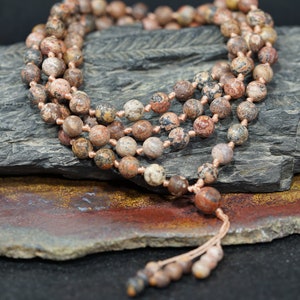 Leopard Skin Jasper Mala Necklace • Knotted Mala Beads • Tassel Necklace • Waterfall Mala • Yoga Gift • 8mm • Customized Jewelry • 2698
