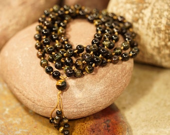 Natural Blue Tiger's Eye Mala • Natural Blue Tiger Eye Necklace • 8mm • Blue Tiger Eye Bracelet • 108+1 • Wrap Bracelet • Mala Beads • 4537
