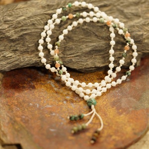 White Jade, Sunstone and African Turquoise Hand-Knotted Mala (108 and Guru), Bracelet, Necklace with 4-mm Beads and a Beaded Tassel 1481