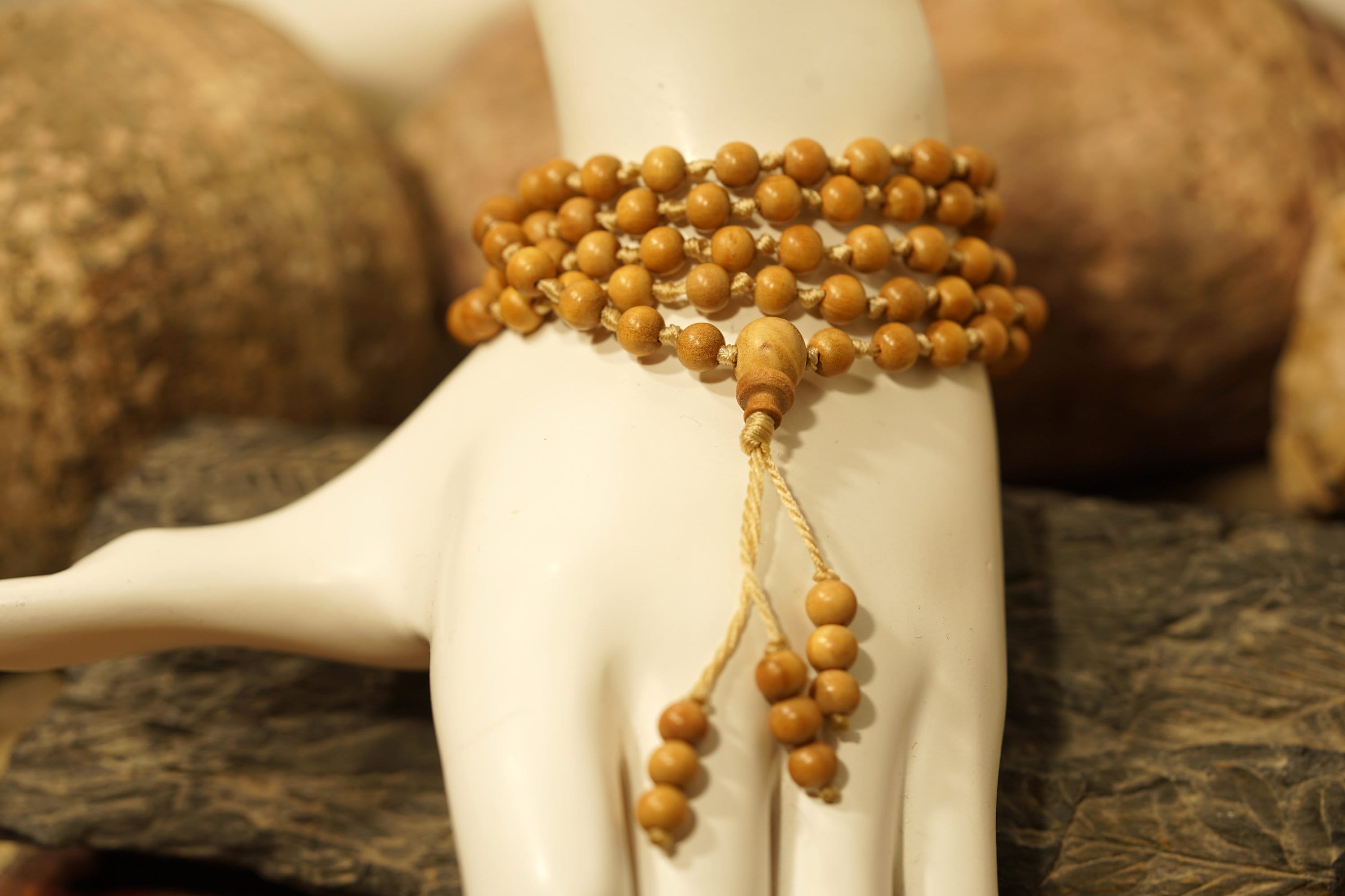 Mysore Sandalwood Mala, Prayer Beads, Necklace, Bracelet Authentic Highest Quality 6mm Beads with a Beaded Tassel 3052