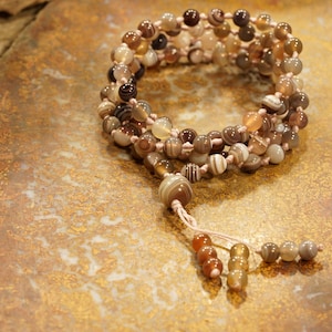Botswana Agate Mala (108 and Guru), Necklace, Bracelet, Prayer Beads with 6-mm Beads and a Beaded Tassel 0835