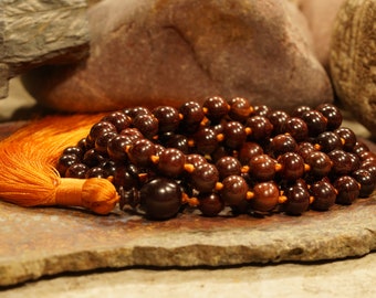 Red Sandalwood Mala (108+1), Necklace, Prayer Beads with 10 mm Authentic Red Sandalwood Beads and an Orange-Red Tassel 0224