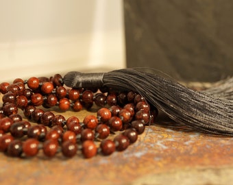 6mm Red Sandalwood Hand Knotted Mala Prayer Beads with a Charcoal Gray Tassel 0241