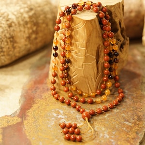 Red Jasper (AAA), Red-Tiger-Eye and Carnelian Knotted Mala (108 and Guru) with 6-mm Beads and a Beaded Tassel 1417