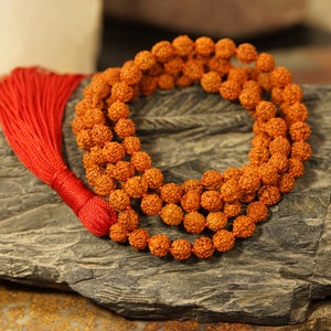 Rudraksha Hand Knotted Mala, Necklace, 7-mm Dyed Rudraksha Beads with a Red Tassel X0028