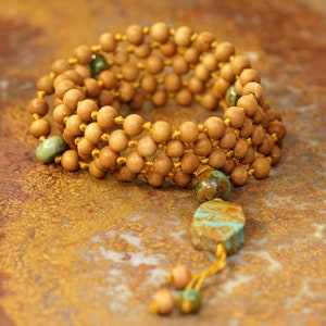 Mysore Sandalwood and Turquoise Mala • Sandalwood Mala • Turquoise Mala • 108+3+1 • Necklace with Turquoise • 6mm • 7mm • and 8mm • 4206