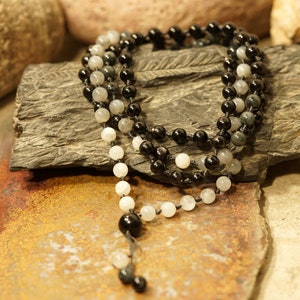 White Gray and Black Transition Mala Necklace • 8mm • White Moonstone • Gray Moonstone • Chrysoberyl • Black Tourmaline • 108+1+1 • 4344