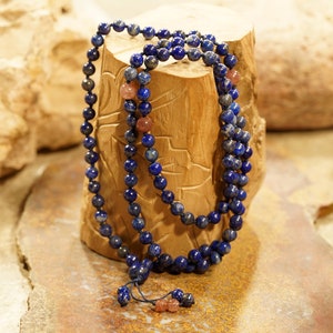 Lapis Lazuli Knotted Mala (108 + 1 + 3) with 3 Strawberry Quartz Spacer Beads, 6.5-mm Beads and a Beaded Tassel Tassel 4150