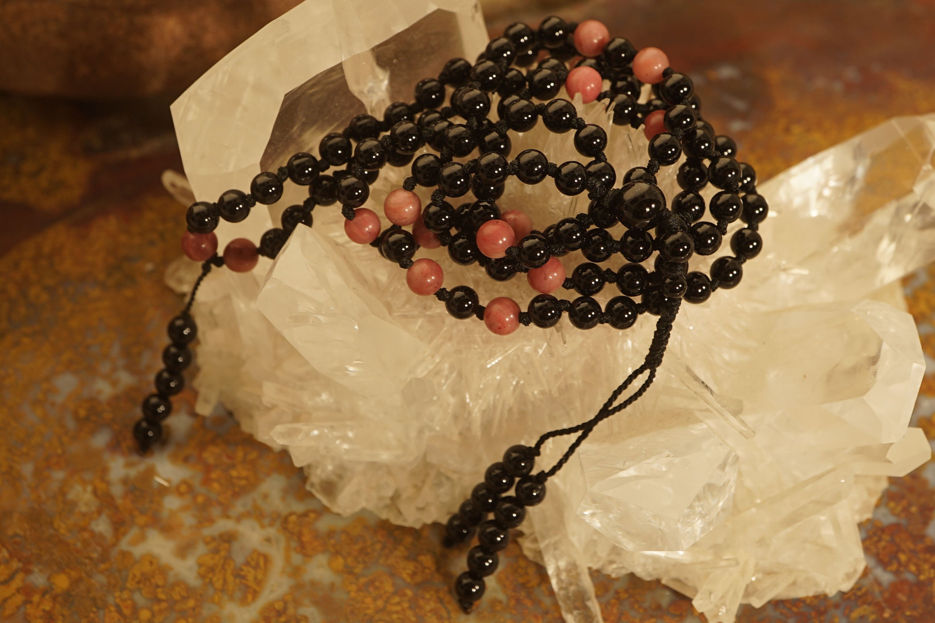 108 and Guru Necklace with 4-mm Beads and a Beaded Tassel 1472 Black Onyx AAA and Rhodochrosite A Knotted Mala Bracelet 