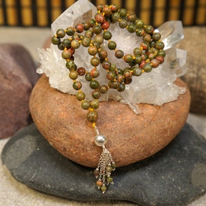 Unakite Knotted Mala (108 and Guru), Prayer Beads, Necklace, Bracelet 6 mm Beads with a Sterling Silver Tassel 0326
