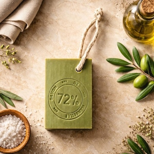 Puede incluir: Una pastilla de jabón rectangular verde oliva con asa de cuerda, estampada con "SAVON DE MARSEILLE 72%". La imagen incluye ramas de olivo, un pequeño cuenco de sal y una botella de aceite de oliva, sobre una superficie texturizada.