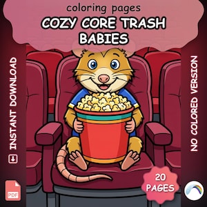 Könnte beinhalten: Ein digitales Malbuch mit dem Titel COZY CORE TRASH BABIES, das eine Zeichentrickmaus zeigt, die in einem roten Kinosessel sitzt und einen großen Eimer Popcorn hält. Der Text enthält coloring pages, instant download und 20 pages.