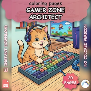 May include: A digital illustration of a ginger cat wearing a headset and playing a video game on a computer. The image includes a colorful keyboard, a computer monitor displaying a pixelated game, and the text "Gamer Zone Architect" and "20 Pages".