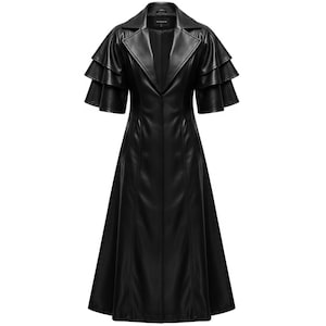 May include: A black faux leather coat with a notched collar and short, layered sleeves. The coat has a fitted bodice that flares into a full skirt. The coat is a midi length.