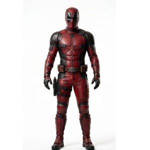 May include: A full-body red and black costume with a mask. The costume features a utility belt, holsters, and gloves. The mask has black eye cutouts. The costume is likely a cosplay or a costume for a superhero.