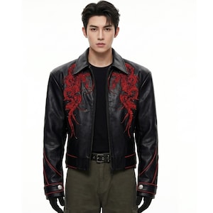 Mens Black Braided Leather Jacket | Red Embroidered Biker Streetwear | Braided Spine Motorcycle Coat | Goth Punk Style | Unique Gift for Him