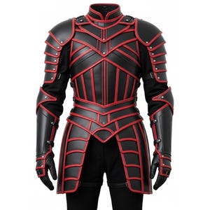 May include: Black and red leather armor set. The armor features a high collar, shoulder pauldrons, and articulated arm and torso pieces. Red accents and stitching provide contrast. Includes gloves.