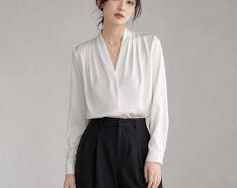 Satin Pleat V Neck Blouse | French Minimalist Office Top, Long Sleeve & Sleeveless