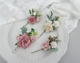 Blush Pink Bridal Hair Pins with Baby's Breath, Wedding Floral Headpiece Accessory