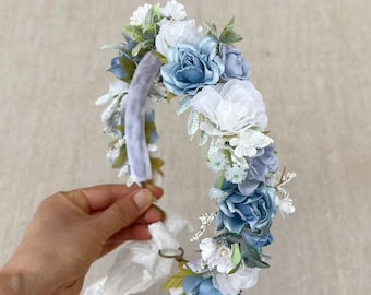 Staubige blaue Blumenkrone für Mädchen, Prinzessin-Geburtstags-Party-Stirnband, Brautdusche Kopfschmuck