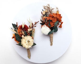 Dried Flower Boutonniere, Rust Terracotta Eucalyptus, Boho Autumn Wedding Groomsmen Corsage