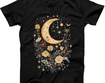 T-shirt retrò con luna celeste e stampa floreale boho: maglietta in cotone nero, disponibile anche in versione oversize.