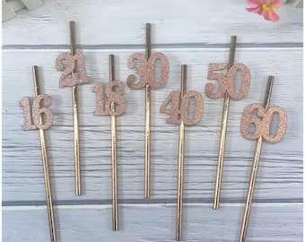 Rose Gold Age Number Party Straws, Birthday Decor - Set of 10