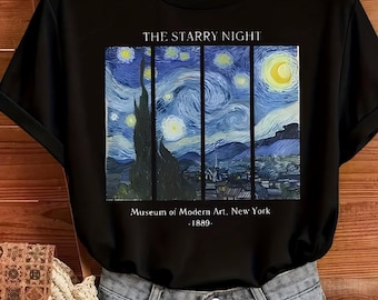 T-shirt vintage con grafica "Notte stellata", design ispirato a Van Gogh per un look casual.